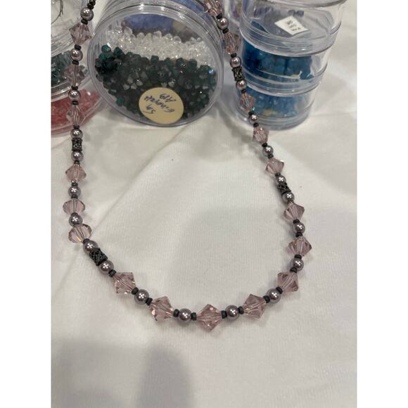 Rose Pink Austrian Crystals & Pearls 16” Necklace Matching Post earrings Set - Picture 3 of 11